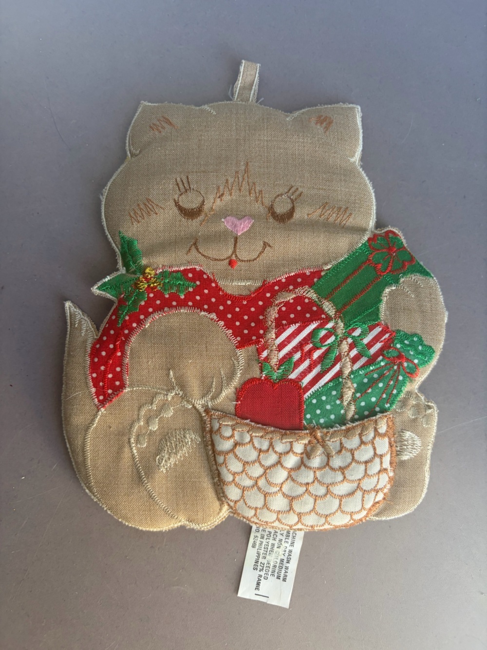 Embroidered Holiday Cat Pot Holder - Red & Green Accents